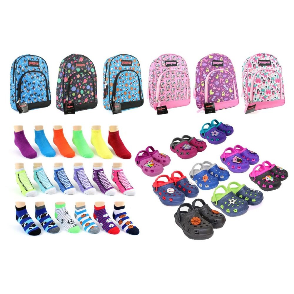 216 Wholesale Toddler BacK-TO-School Bundle - 216 Items - 14" Graphic Backpacks, Clogs, & Graphic Socks!
