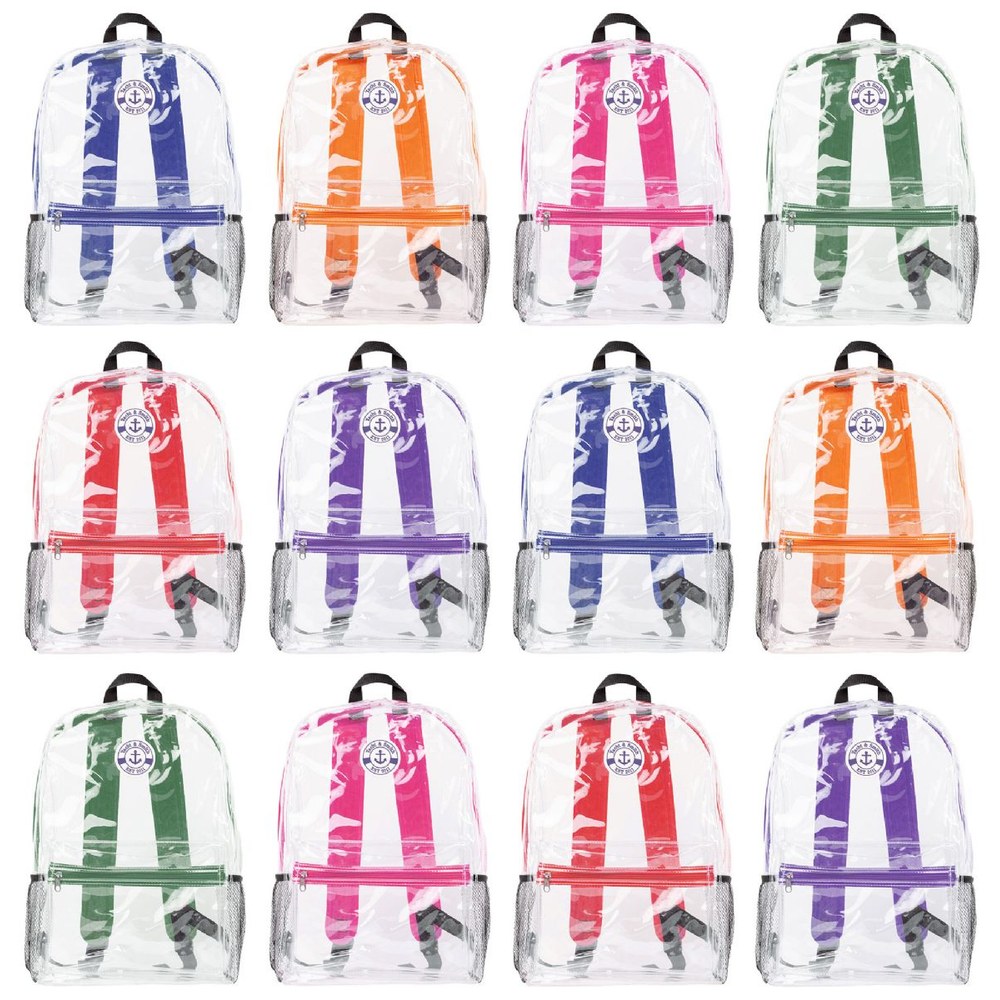 24 Wholesale Yacht & Smith 17inch Water Resistant Assorted Color Clear Backpack With Adjustable Padded Straps