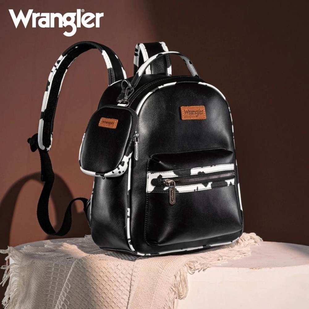 12 Wholesale Cow Print Trimmed Wrangler Backpack With Coin Pouch - Black